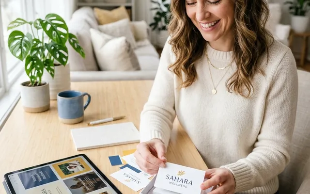 Smiling coach reviews new branding on business cards and her website design on a tablet.