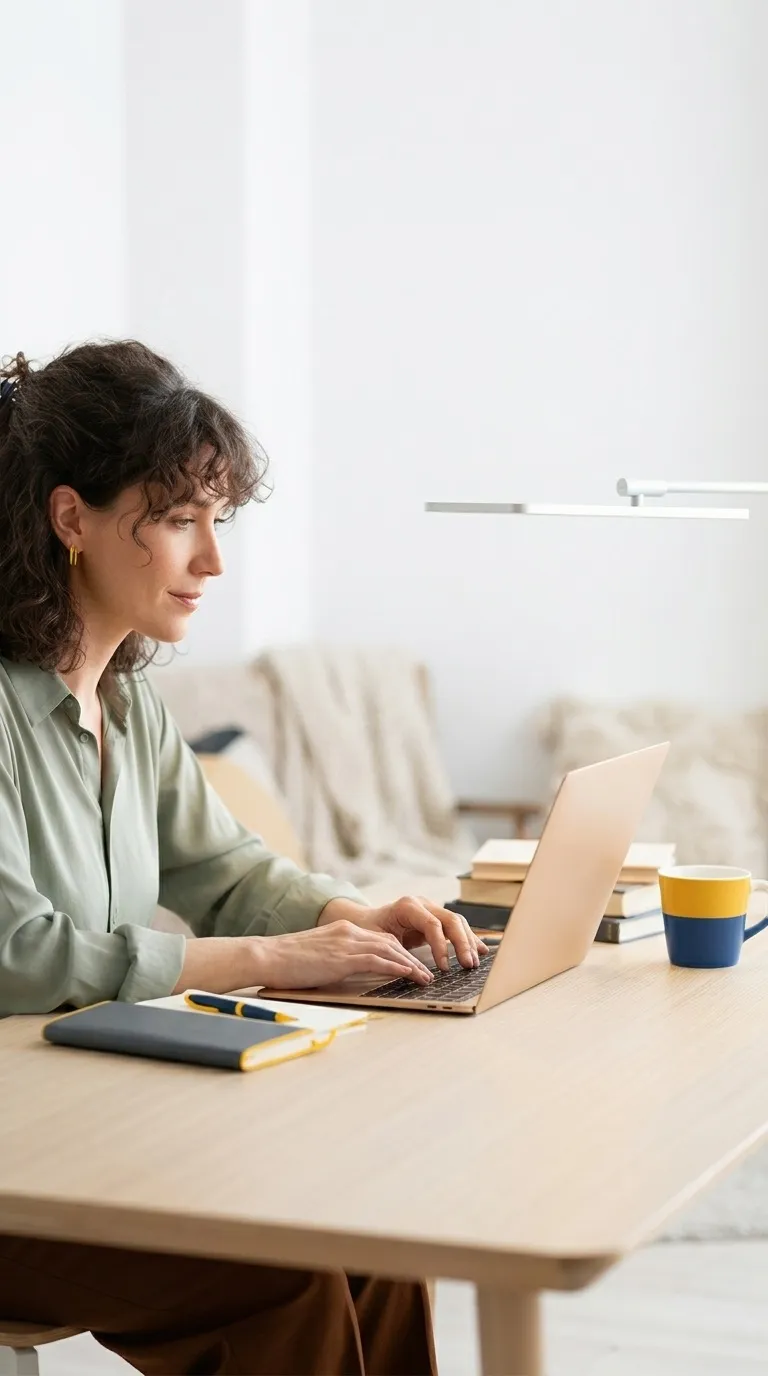 A calm, focused woman at a tidy desk — a steady partner you can rely on