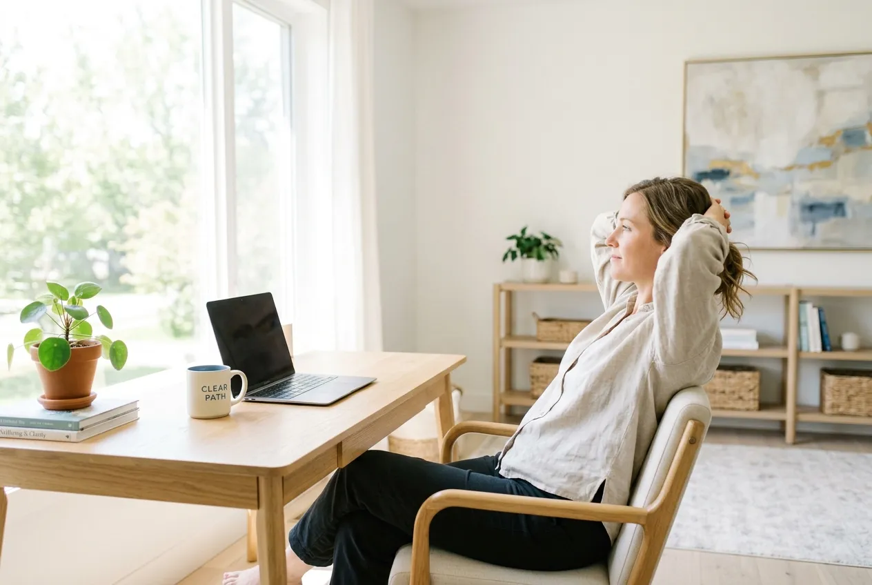 A woman leaning back in her desk chair with her hands locked behind her head, relaxed at the end of a completed workday