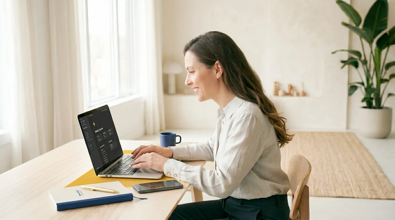 A woman working at her laptop, preparing her materials for the one-day website build