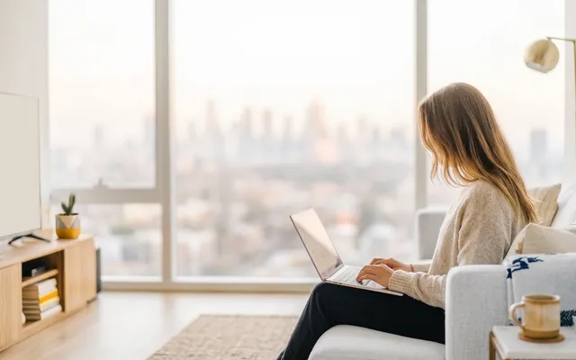 Wellness practitioner works on laptop in a bright, modern apartment overlooking a city skyline.