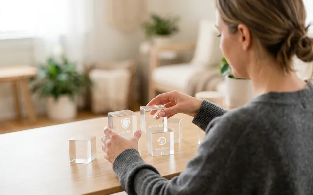 Woman arranging blocks labeled SECURITY, UPDATES, and BACKUPS, representing website management services.