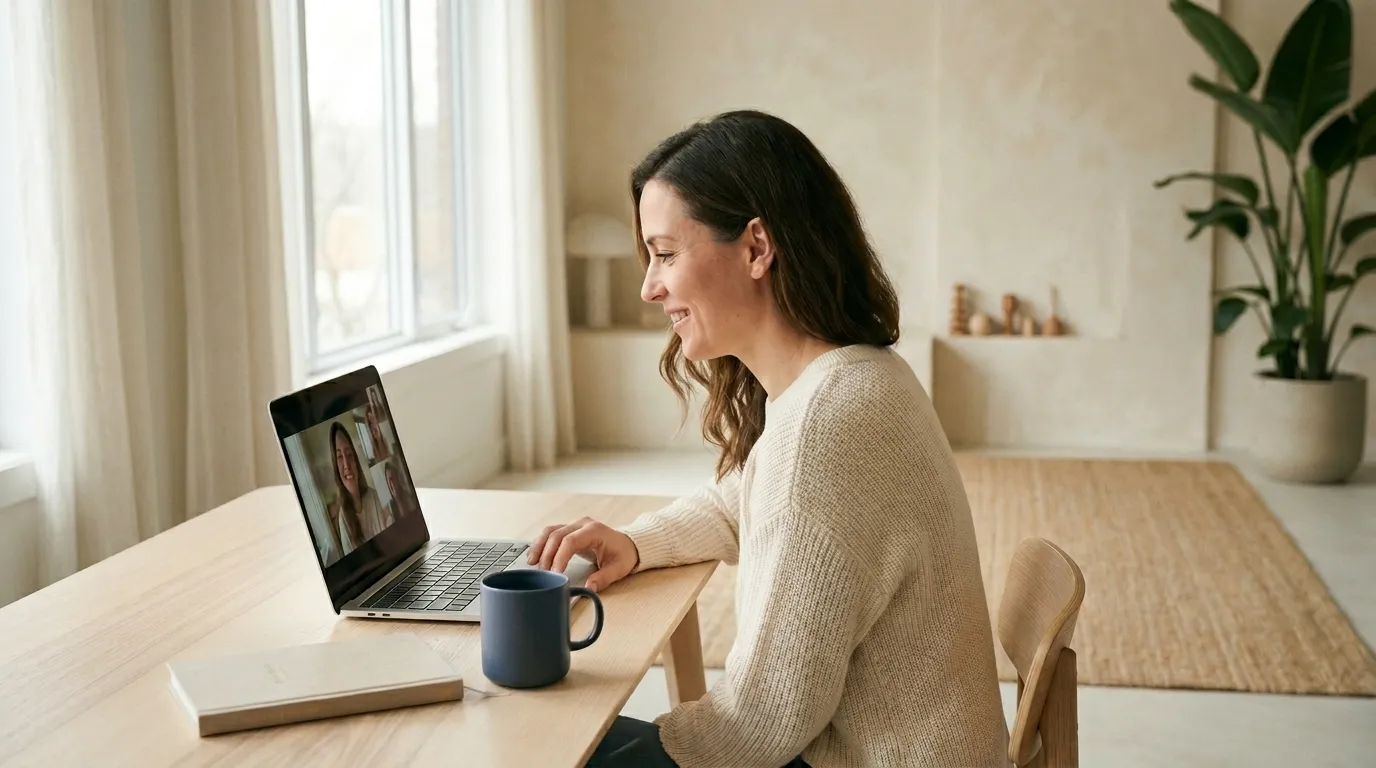 A woman on a video call at her desk, preparing for her website build day