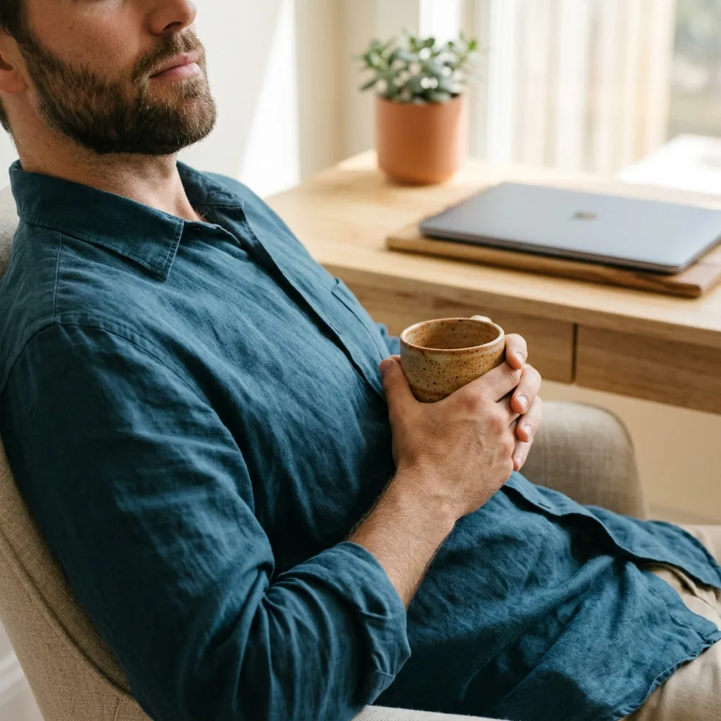 A person in a relaxed posture holding a mug in a bright office, with a closed laptop on a light wood table in the background