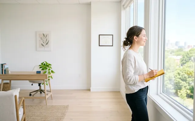 A woman stands in a brightly lit room near a window, thinking and writing notes in a notebook