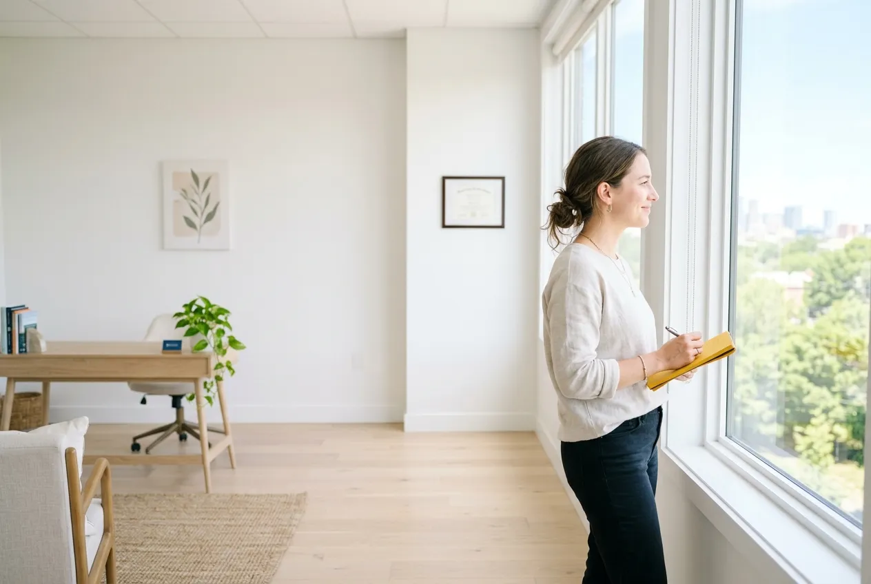 A woman stands in a brightly lit room near a window, thinking and writing notes in a notebook