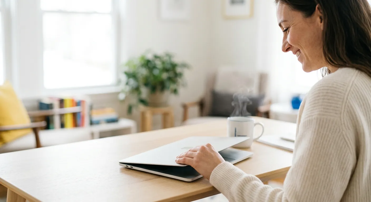 Smiling woman opening a laptop at a bright desk with a steaming mug in a light-filled home office.