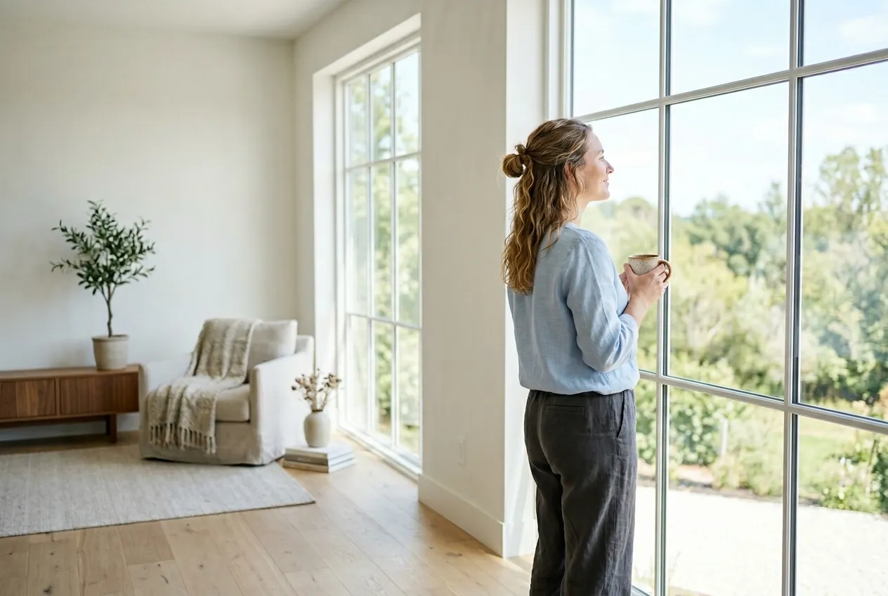 A woman takes a moment to relax with a cup of tea in front of a large picture window