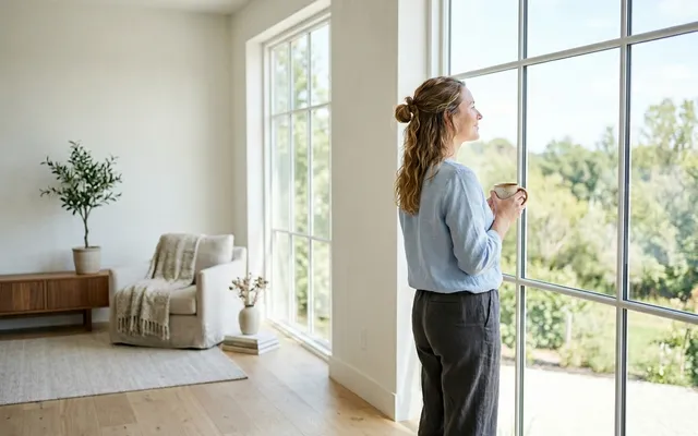 A woman takes a moment to relax with a cup of tea in front of a large picture window