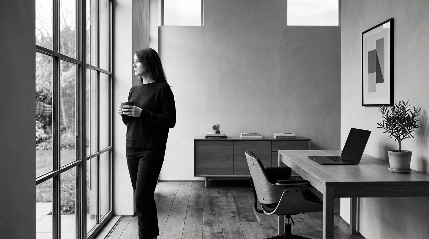 Woman holding mug by window in home office