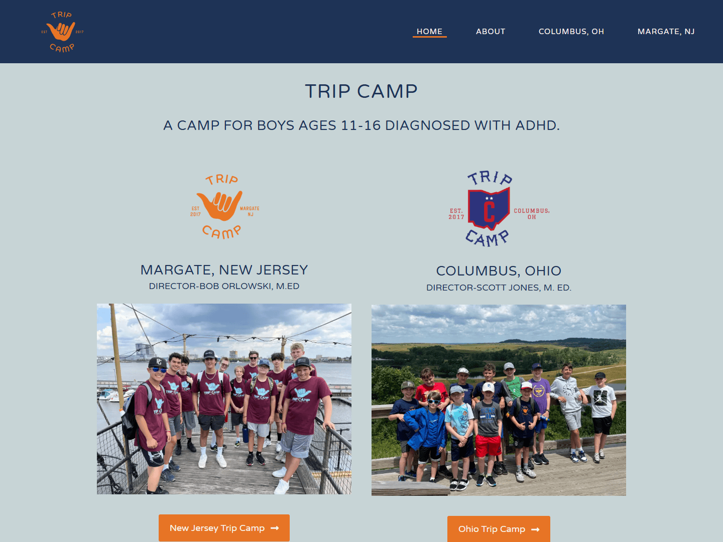 ADHD Trip Camp website hero area.
