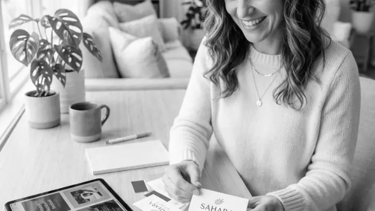 Woman reviewing business cards at home office desk