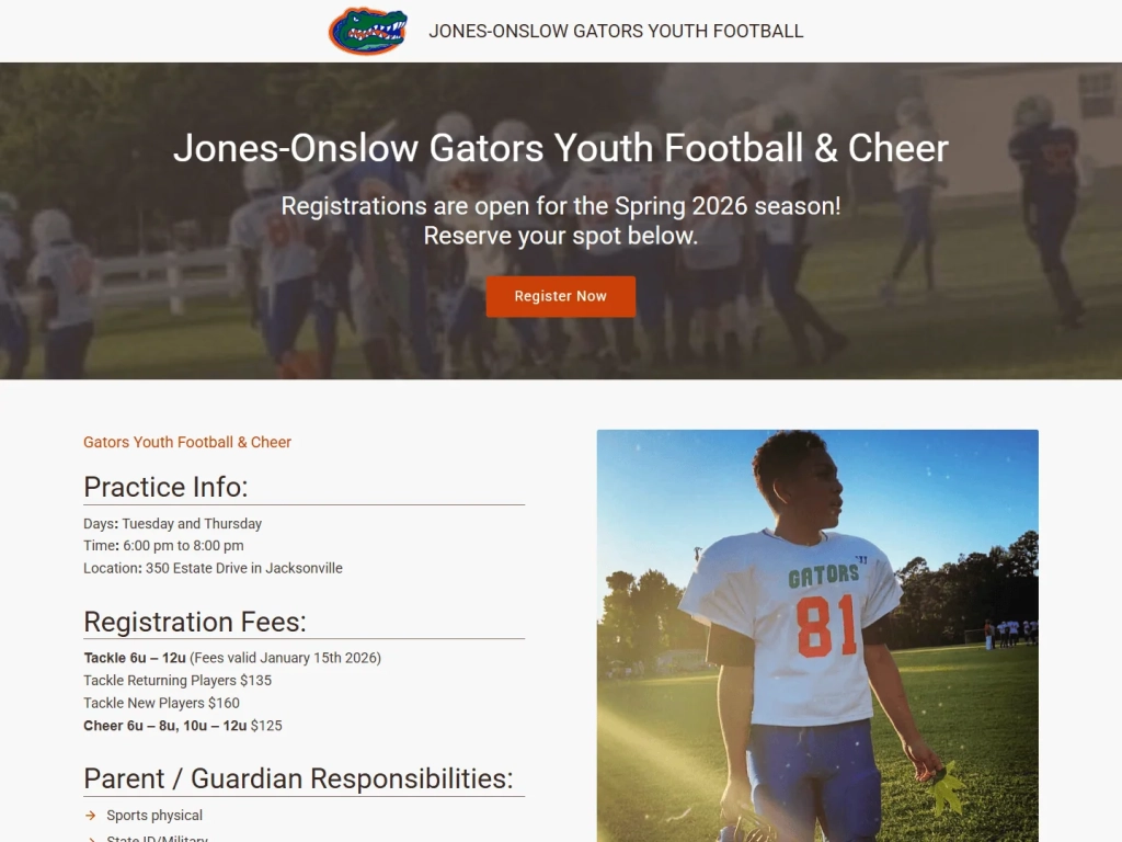 Jones Onslow Youth Football and Cheer website hero area.