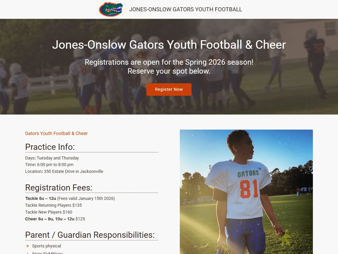 Jones Onslow Youth Football and Cheer website hero area.
