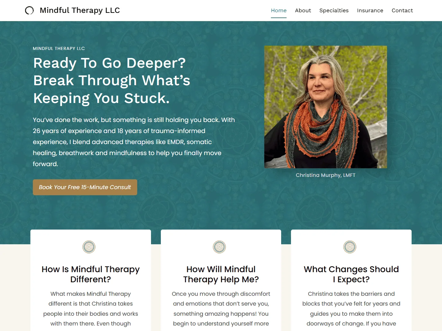 Mindful Therapy website hero area.