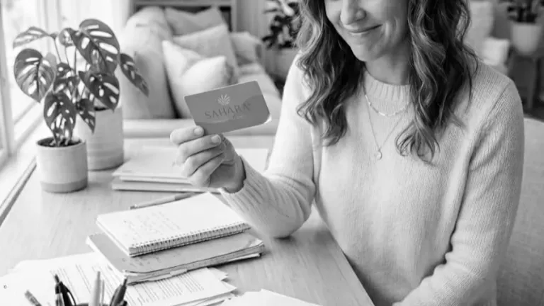 Woman holding card at desk with notebooks