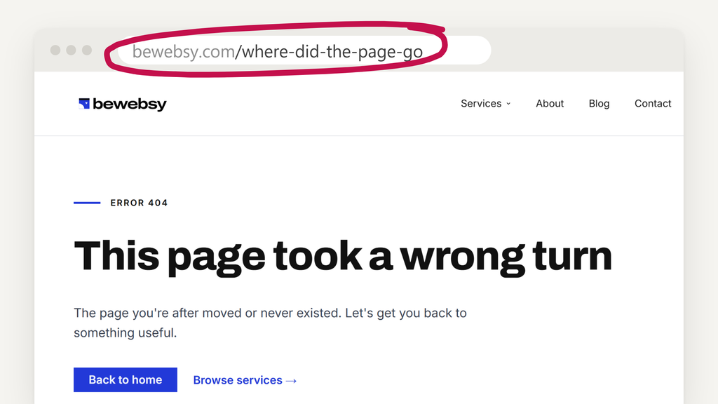 A browser showing a "page not found" error at bewebsy.com/where-did-the-page-go, with the address circled in red.